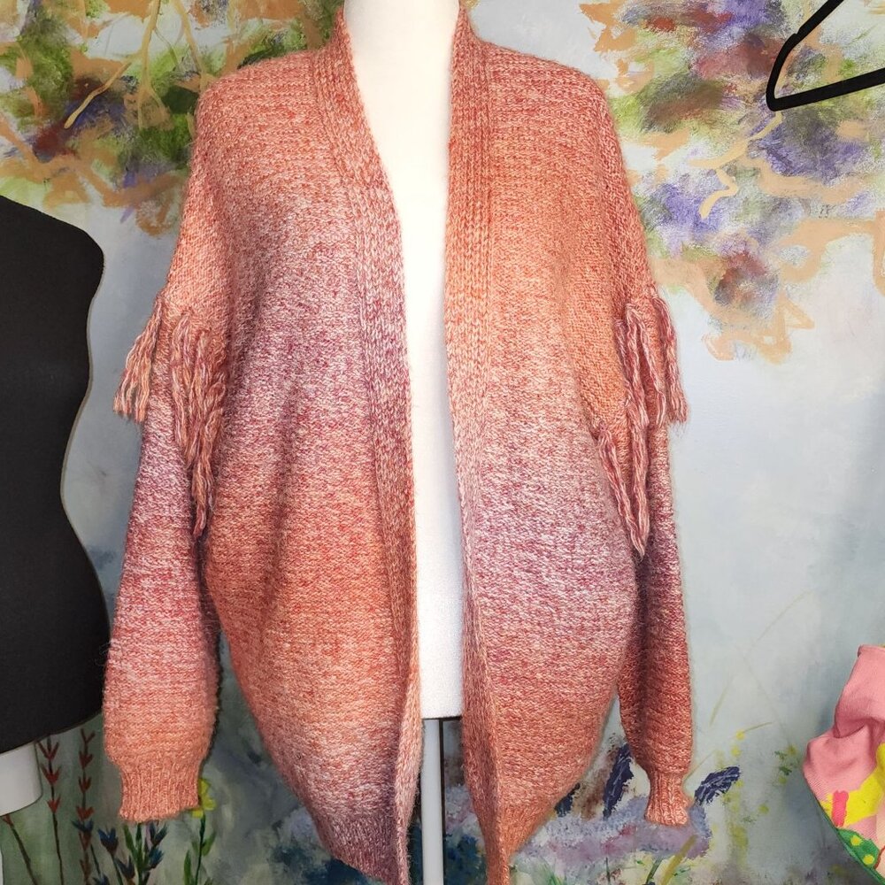 Spacedyed Ombre Knit Cardigan Sweater With Fringe Detail Open Front Long Sleeves